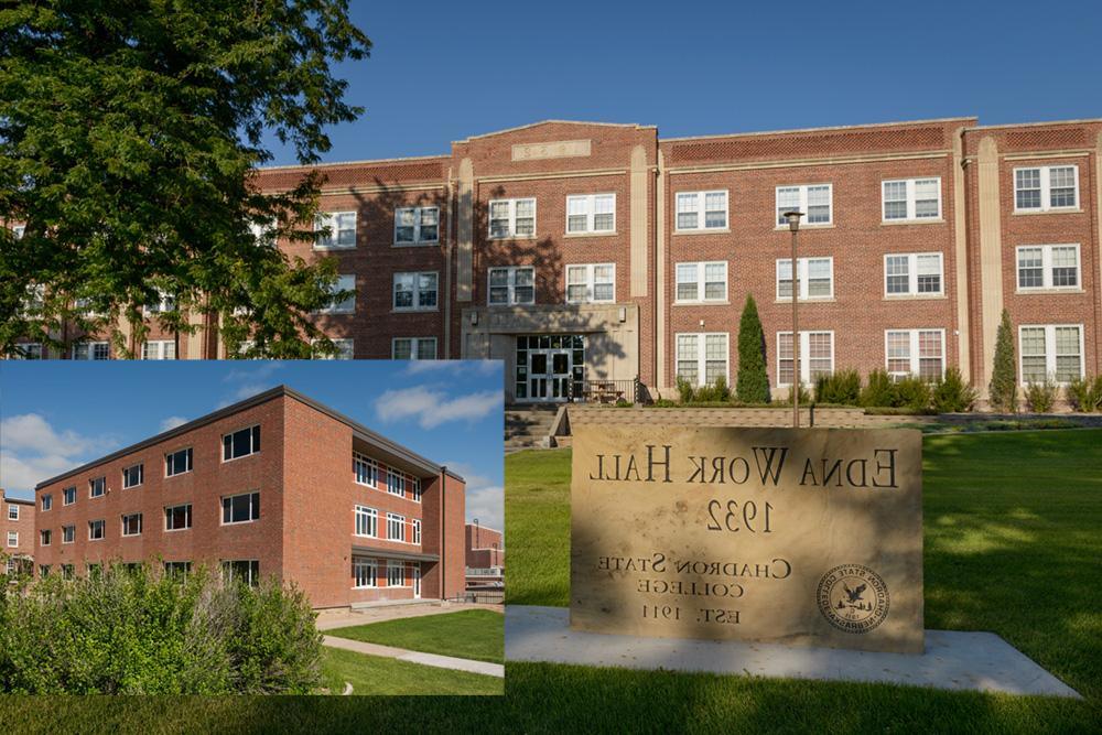 Exterior view of Work Hall and Work Wing, shown inset